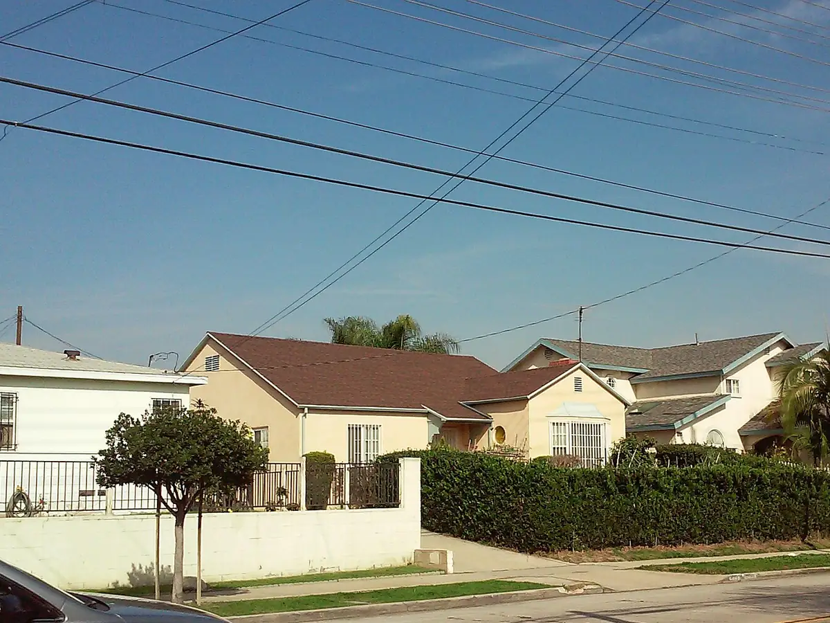 A row of stucco houses with tile and shingle roofs, palms and a trimmed hedge on an Alhambra street